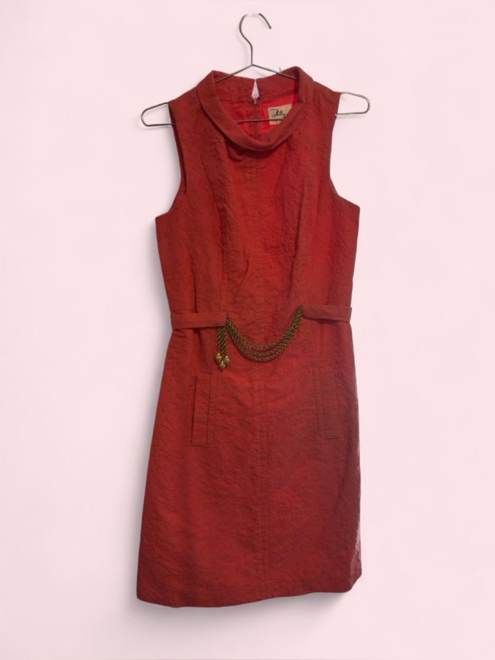 Milly New York Coral Sheath Dress with Gold Chain Belt. Size 6